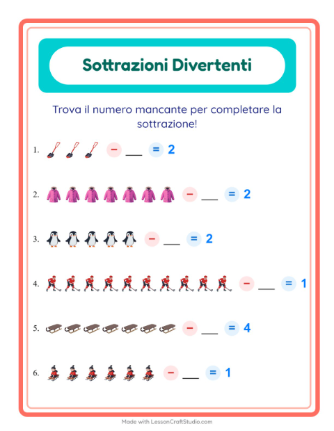 Anteprima della scheda di Sottrazione con Inverno per Scuola dell'infanzia (5-7 anni)