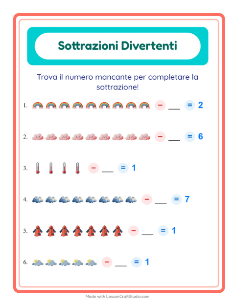 Anteprima della scheda di Sottrazione con Meteo per Scuola dell'infanzia (5-7 anni)