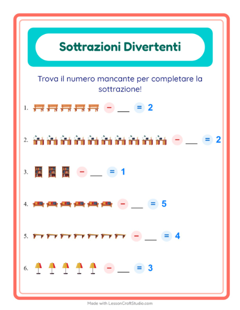 Anteprima della scheda di Sottrazione con Mobili per Scuola dell'infanzia (5-7 anni)