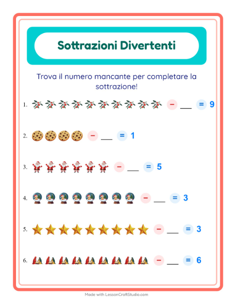 Anteprima della scheda di Sottrazione con Natale per Scuola dell'infanzia (5-7 anni)