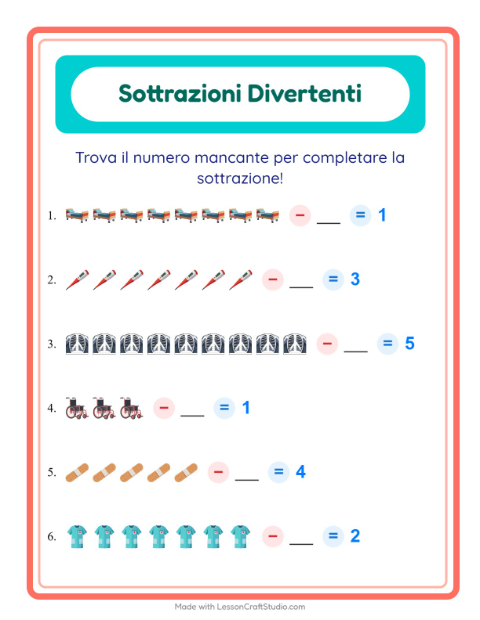 Anteprima della scheda di Sottrazione con Ospedale per Scuola dell'infanzia (5-7 anni)