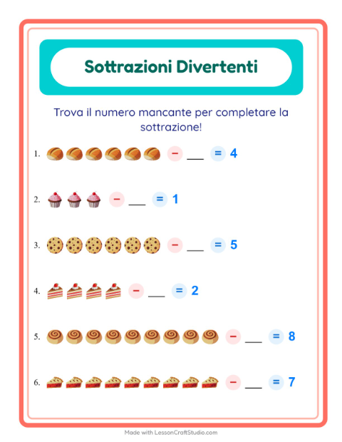 Anteprima della scheda di Sottrazione con Panetteria per Scuola dell'infanzia (5-7 anni)