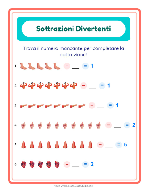 Anteprima della scheda di Sottrazione con Parti del corpo per Scuola dell'infanzia (5-7 anni)