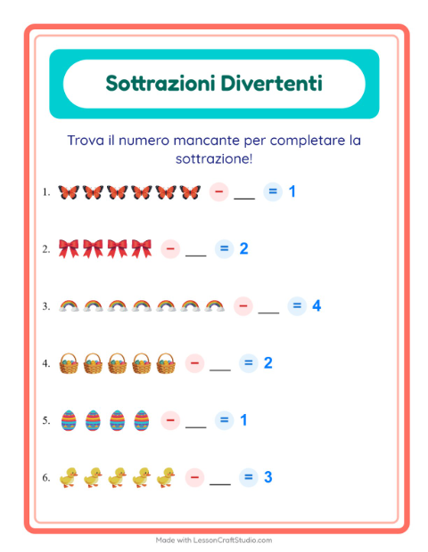 Anteprima della scheda di Sottrazione con Pasqua per Scuola dell'infanzia (5-7 anni)
