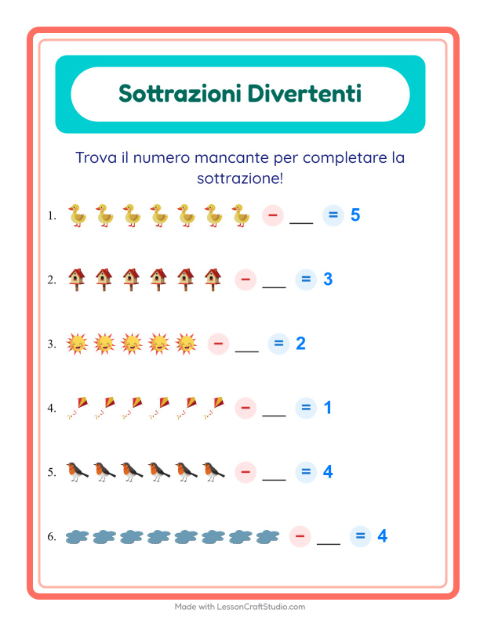 Anteprima della scheda di Sottrazione con Primavera per Scuola dell'infanzia (5-7 anni)