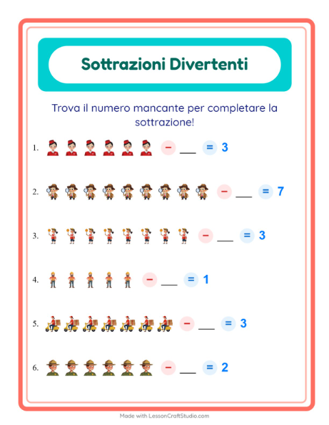 Anteprima della scheda di Sottrazione con Professioni per Scuola dell'infanzia (5-7 anni)