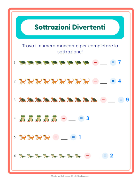 Anteprima della scheda di Sottrazione con Rettili e anfibi per Scuola dell'infanzia (5-7 anni)