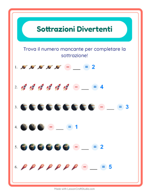 Anteprima della scheda di Sottrazione con Spazio per Scuola dell'infanzia (5-7 anni)