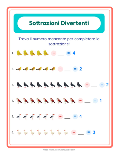 Anteprima della scheda di Sottrazione con Uccelli 2 per Scuola dell'infanzia (5-7 anni)