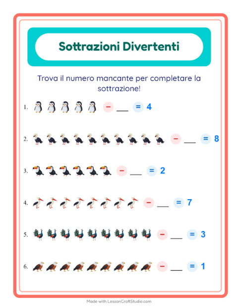 Anteprima della scheda di Sottrazione con Uccelli per Scuola dell'infanzia (5-7 anni)