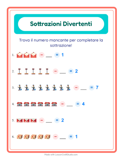 Anteprima della scheda di Sottrazione con Ufficio postale per Scuola dell'infanzia (5-7 anni)