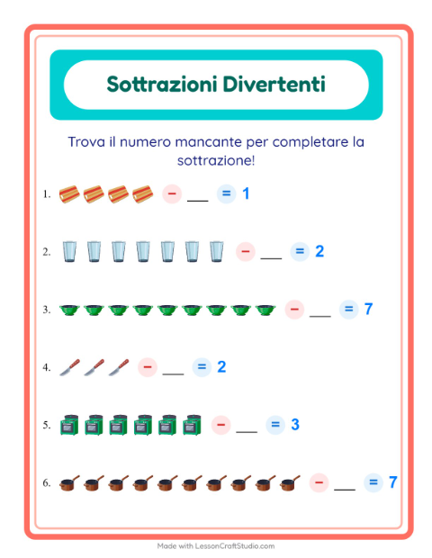 Anteprima della scheda di Sottrazione con Utensili da cucina per Scuola dell'infanzia (5-7 anni)