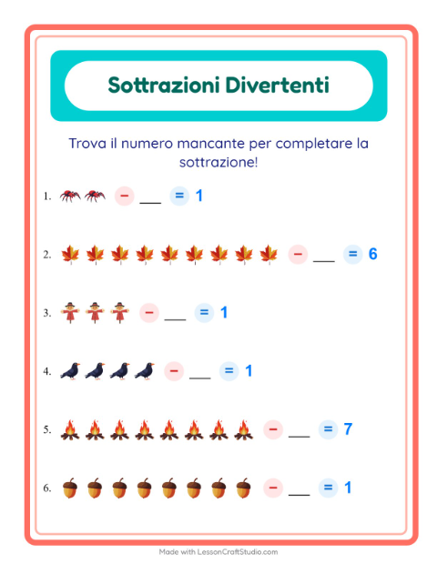 Anteprima della scheda di Sottrazione con Varie per Scuola dell'infanzia (5-7 anni)