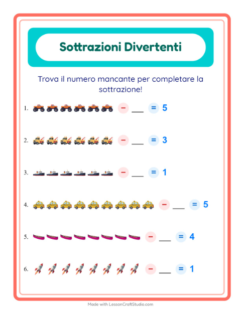 Anteprima della scheda di Sottrazione con Veicoli per Scuola dell'infanzia (5-7 anni)