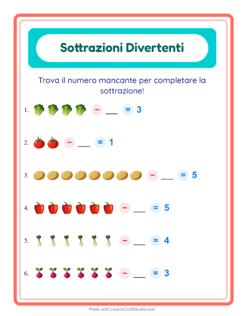 Anteprima della scheda di Sottrazione con Verdure per Scuola dell'infanzia (5-7 anni)