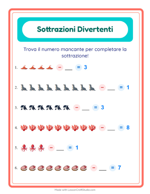 Anteprima della scheda di Sottrazione con Vita oceanica per Scuola dell'infanzia (5-7 anni)