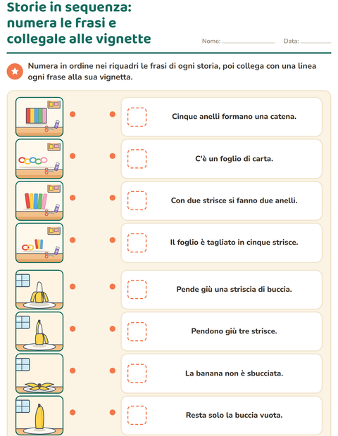 Storie in sequenza: numera le frasi e collegale alle vignette
