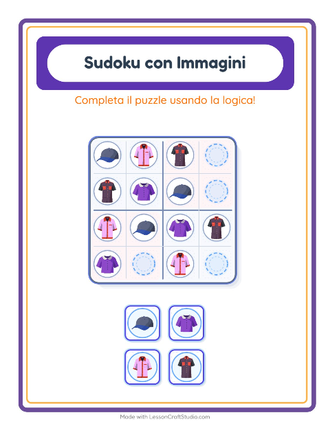 Anteprima della scheda di Sudoku Illustrato con Abbigliamento per Scuola dell'infanzia (5-7 anni)