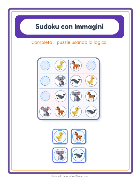 Anteprima della scheda di Sudoku Illustrato con Animali per Scuola dell'infanzia (5-7 anni)