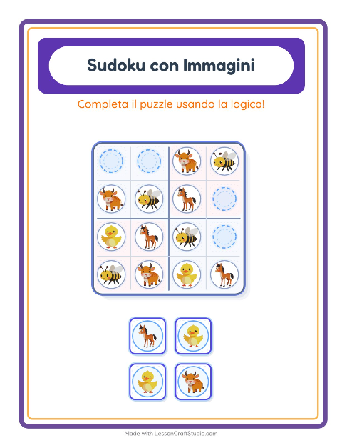 Anteprima della scheda di Sudoku Illustrato con Animali della fattoria per Scuola dell'infanzia (5-7 anni)