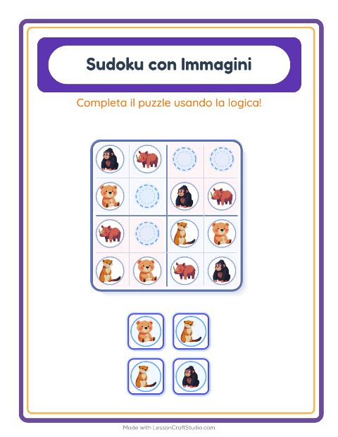 Anteprima della scheda di Sudoku Illustrato con Animali dello zoo per Scuola dell'infanzia (5-7 anni)