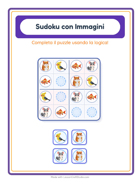 Anteprima della scheda di Sudoku Illustrato con Animali domestici per Scuola dell'infanzia (5-7 anni)