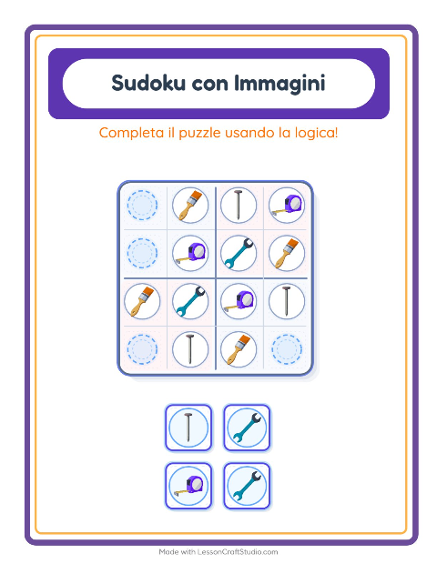Anteprima della scheda di Sudoku Illustrato con Attrezzi per Scuola dell'infanzia (5-7 anni)