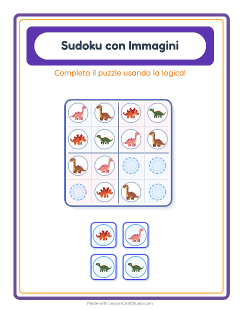 Anteprima della scheda di Sudoku Illustrato con Dinosauri per Scuola dell'infanzia (5-7 anni)