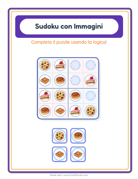 Anteprima della scheda di Sudoku Illustrato con Dolci e dolciumi per Scuola dell'infanzia (5-7 anni)