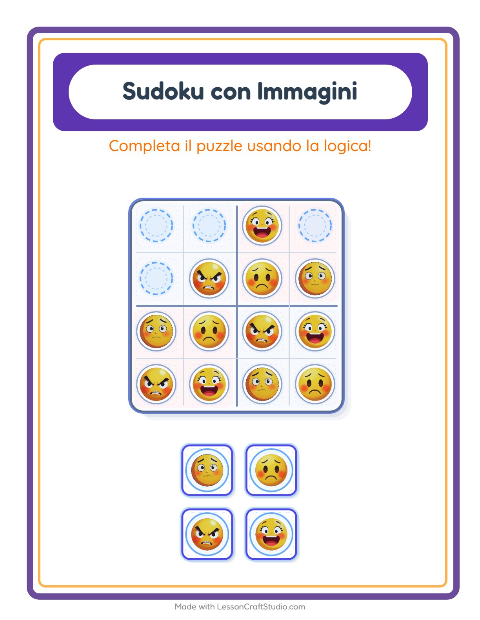 Anteprima della scheda di Sudoku Illustrato con Emozioni per Scuola dell'infanzia (5-7 anni)