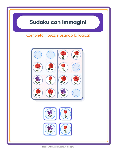 Anteprima della scheda di Sudoku Illustrato con Fiori per Scuola dell'infanzia (5-7 anni)