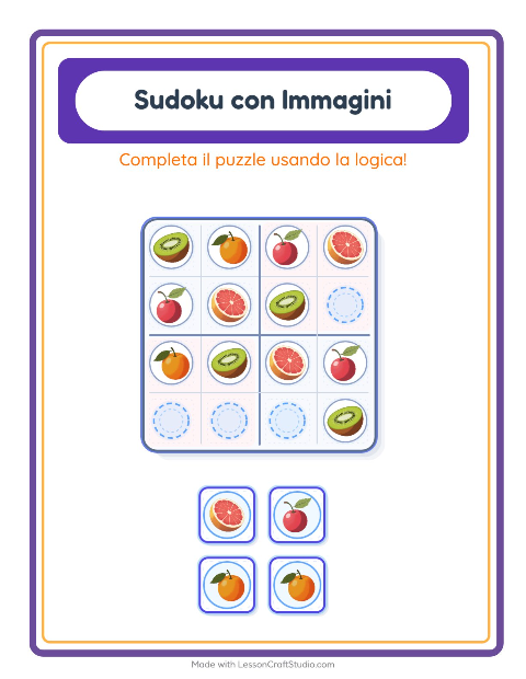 Anteprima della scheda di Sudoku Illustrato con Frutta per Scuola dell'infanzia (5-7 anni)