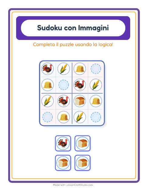 Anteprima della scheda di Sudoku Illustrato con Giorno del Ringraziamento per Scuola dell'infanzia (5-7 anni)