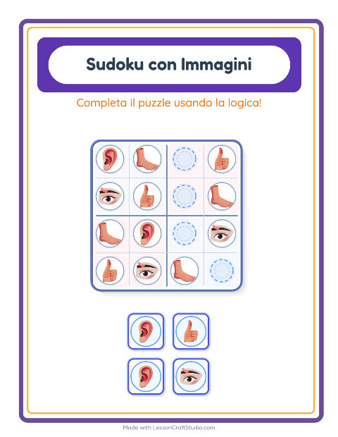 Anteprima della scheda di Sudoku Illustrato con Parti del corpo per Scuola dell'infanzia (5-7 anni)