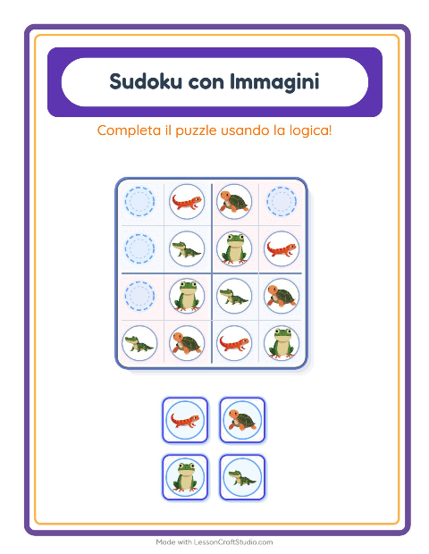 Anteprima della scheda di Sudoku Illustrato con Rettili e anfibi per Scuola dell'infanzia (5-7 anni)