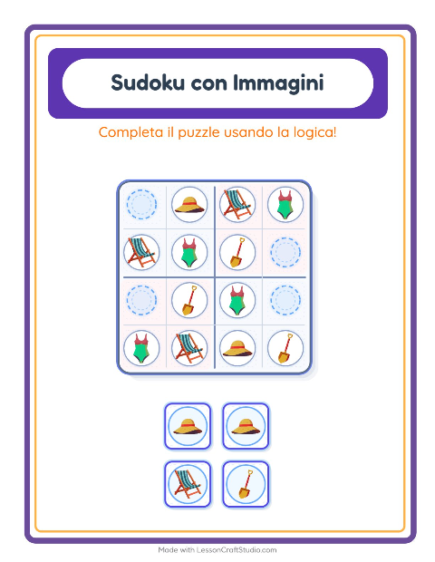 Anteprima della scheda di Sudoku Illustrato con Spiaggia per Scuola dell'infanzia (5-7 anni)