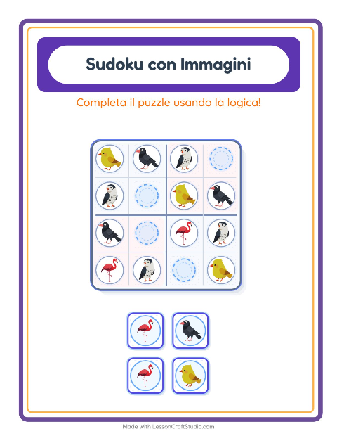 Anteprima della scheda di Sudoku Illustrato con Uccelli 2 per Scuola dell'infanzia (5-7 anni)