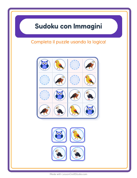 Anteprima della scheda di Sudoku Illustrato con Uccelli per Scuola dell'infanzia (5-7 anni)