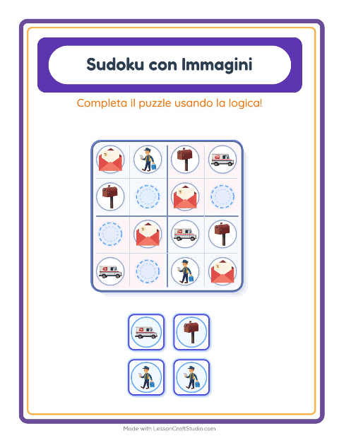 Anteprima della scheda di Sudoku Illustrato con Ufficio postale per Scuola dell'infanzia (5-7 anni)
