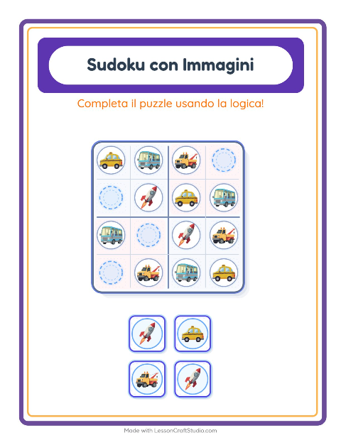 Anteprima della scheda di Sudoku Illustrato con Veicoli per Scuola dell'infanzia (5-7 anni)