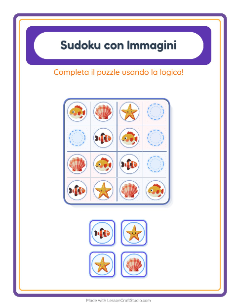 Anteprima della scheda di Sudoku Illustrato con Vita oceanica per Scuola dell'infanzia (5-7 anni)