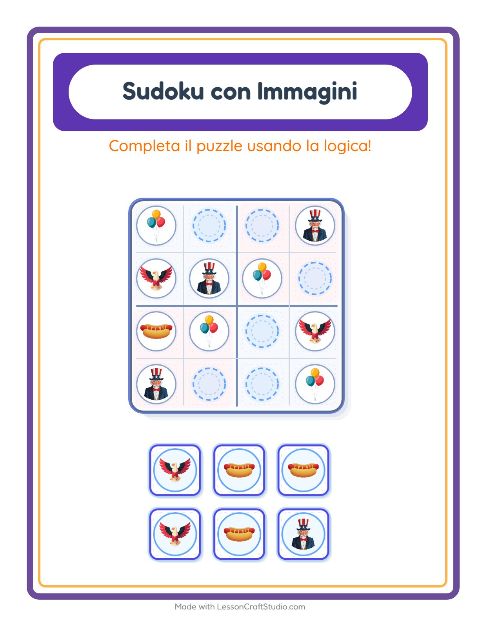 Anteprima della scheda di Sudoku Illustrato con 4 luglio per Scuola dell'infanzia (5-7 anni)