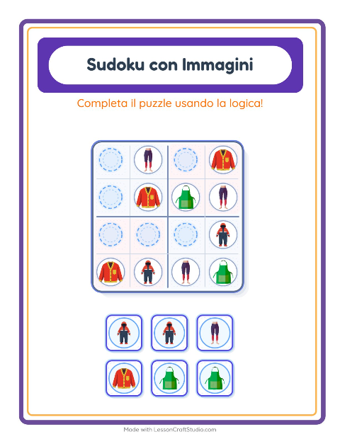 Anteprima della scheda di Sudoku Illustrato con Abbigliamento per Scuola dell'infanzia (5-7 anni)