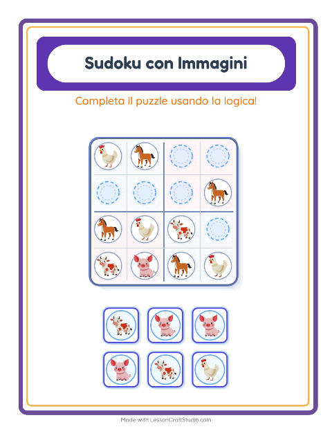 Anteprima della scheda di Sudoku Illustrato con Animali della fattoria per Scuola dell'infanzia (5-7 anni)