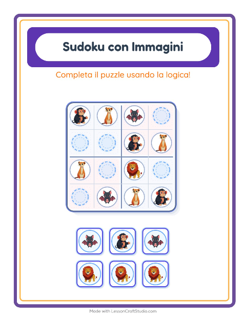 Anteprima della scheda di Sudoku Illustrato con Animali dello zoo per Scuola dell'infanzia (5-7 anni)