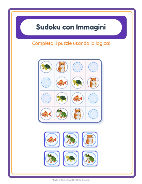 Anteprima della scheda di Sudoku Illustrato con Animali domestici per Scuola dell'infanzia (5-7 anni)