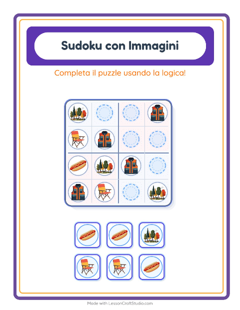 Anteprima della scheda di Sudoku Illustrato con Campeggio per Scuola dell'infanzia (5-7 anni)
