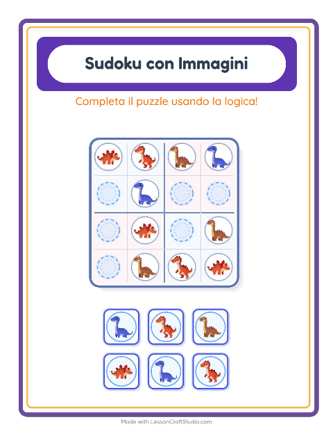 Anteprima della scheda di Sudoku Illustrato con Dinosauri per Scuola dell'infanzia (5-7 anni)