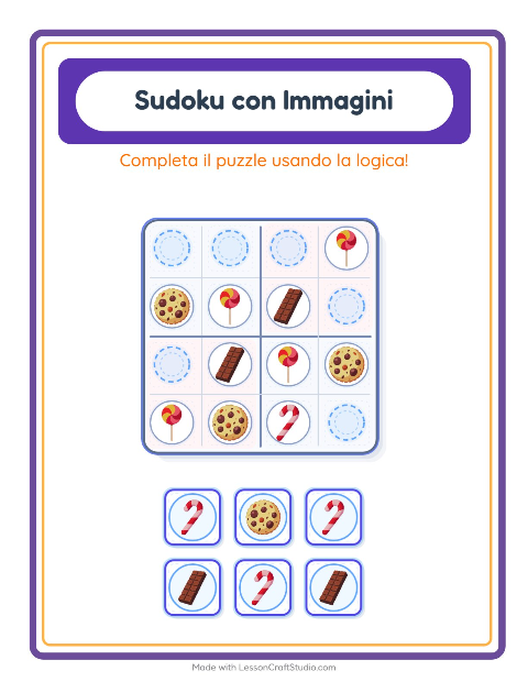 Anteprima della scheda di Sudoku Illustrato con Dolci e dolciumi per Scuola dell'infanzia (5-7 anni)