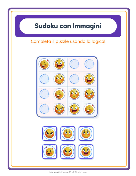 Anteprima della scheda di Sudoku Illustrato con Emozioni per Scuola dell'infanzia (5-7 anni)